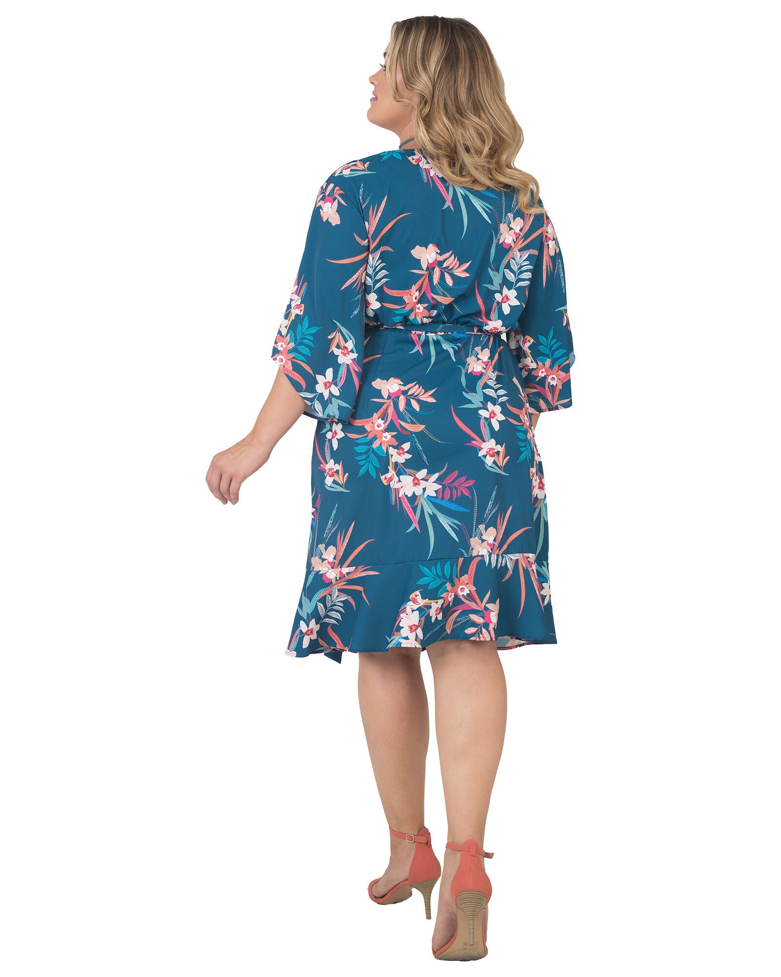 Plus Size Serena Kimono Sleeve Ruffled Knee Length Wrap Dress, Tropical Mist / Azure Blue, alternate image number 2