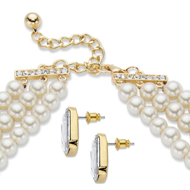 Crystal and Sim. Pearl Goldtone Necklace Earring and Bracelet Set 17 inches-19 inches 8mm, White / White, alternate image number 1