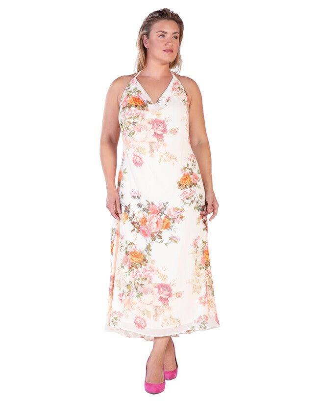 Akari Womens Plus Size Floral Print Cowl Neck Backless Maxi Dress, Beige / Beige, hi-res image number 0