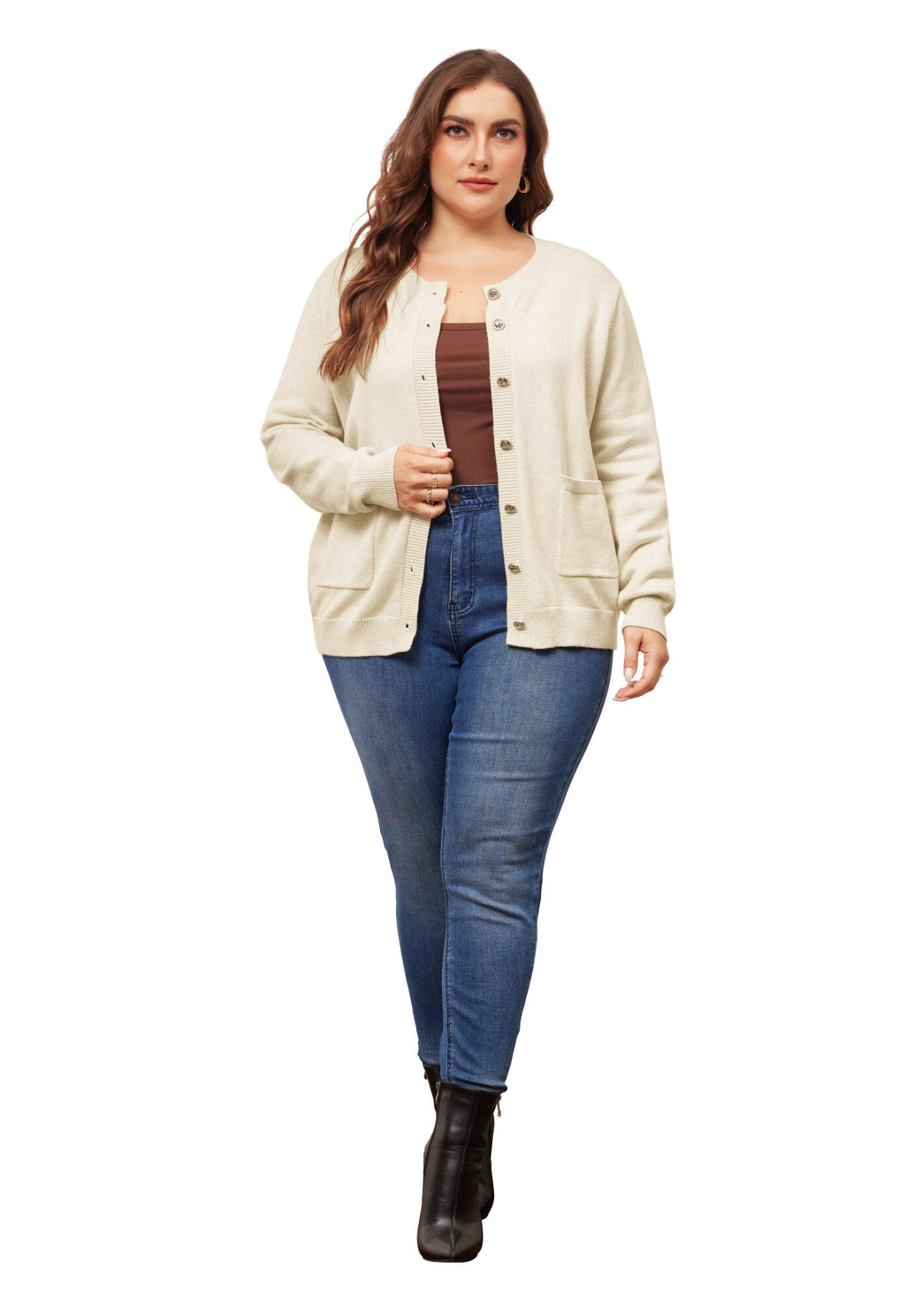 Button Down Crew Neck Sweater Knit Cardigan, Beige / Beige, hi-res image number 0