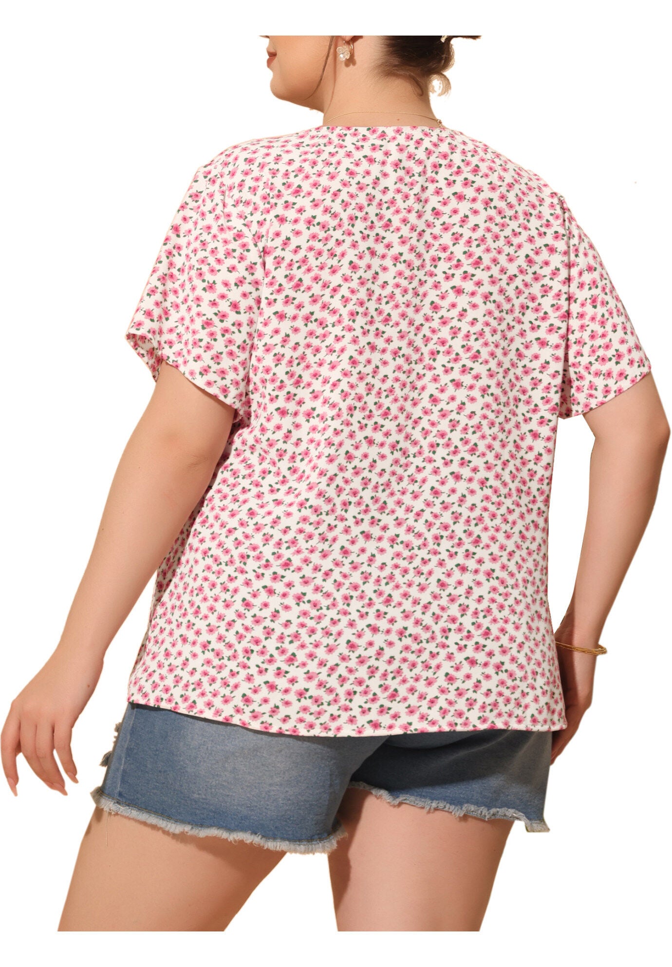 V Neck Button Short Sleeve Floral Blouse, Pink / Pink, alternate image number 3
