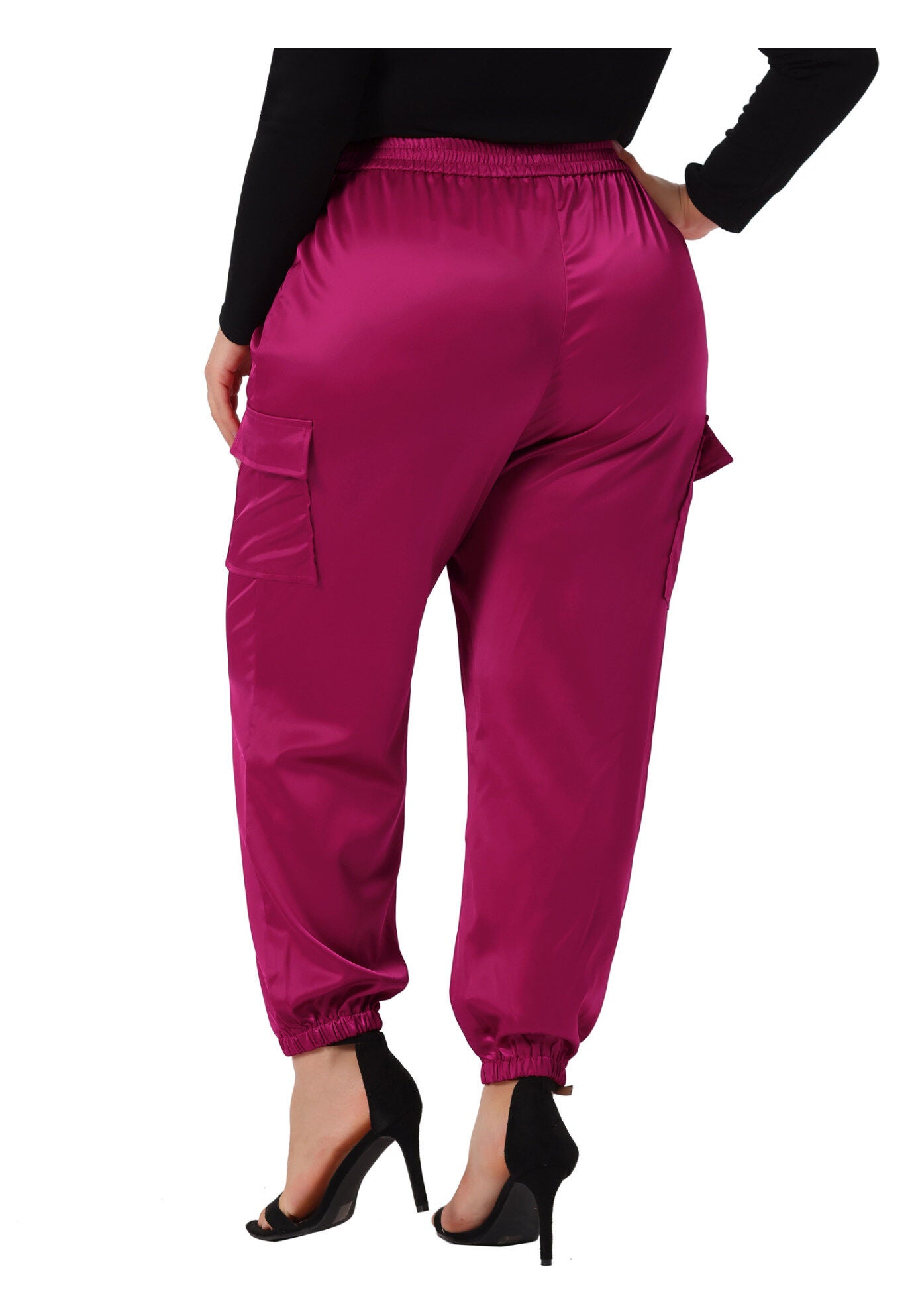 SATIN JOGGERS ELASTIC WAIST ATHLEISURE ANKLE LENGTH CARGO PANTS, Hot Pink / Pink, alternate image number 2