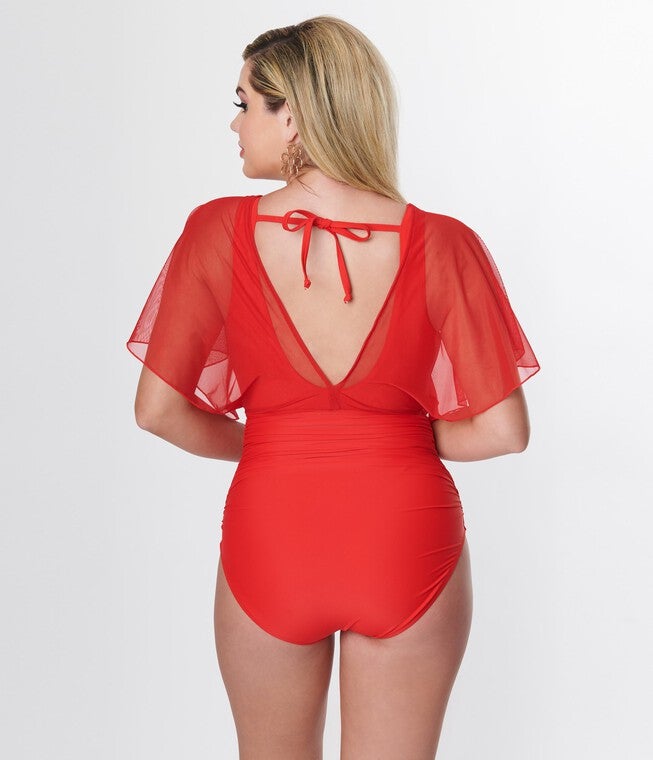 Unique Vintage Red Mesh Sleeved Torrey Swimsuit, , alternate image number null