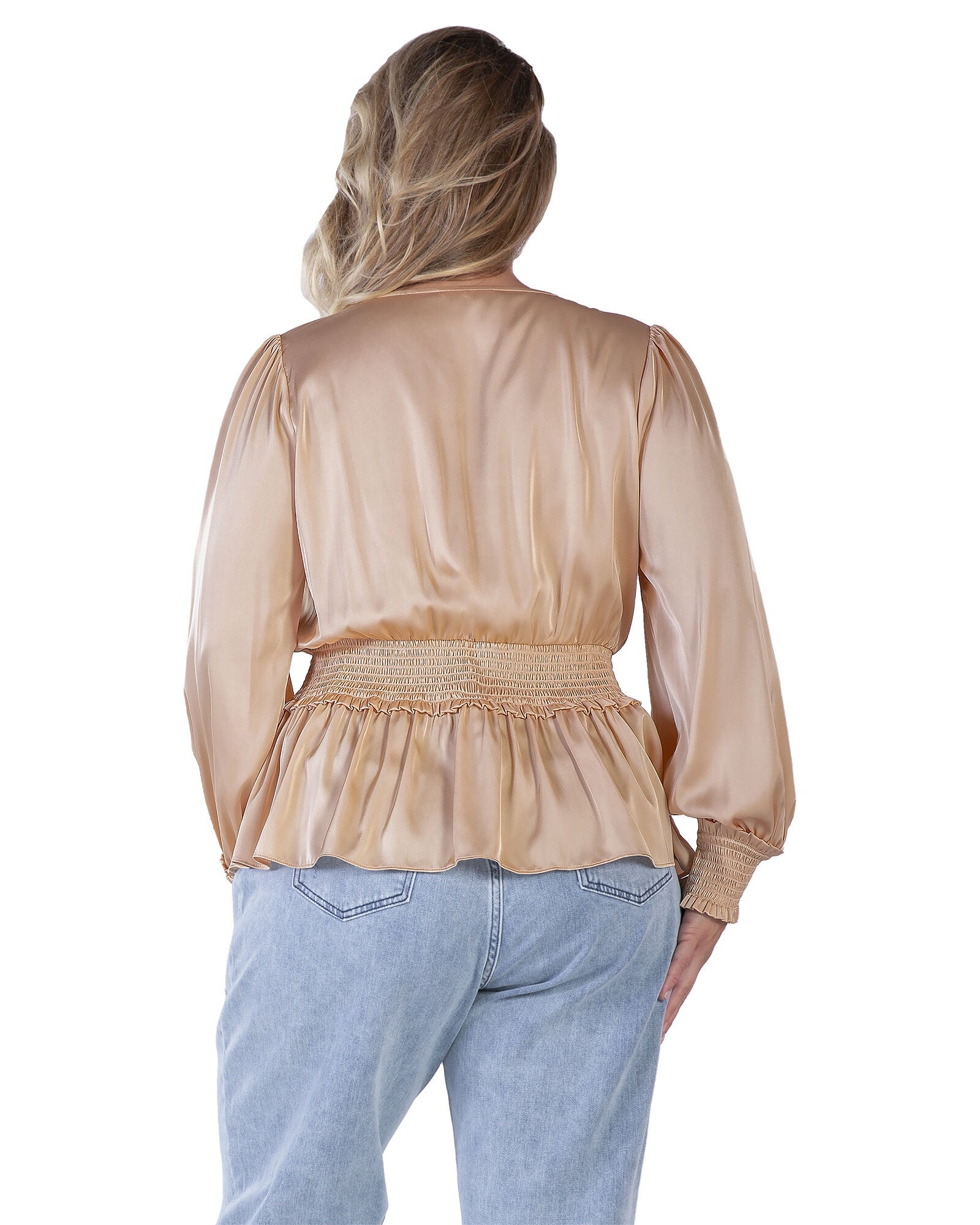 Stephanie Women&#39;s Satin V-Neck Long Sleeves Blouse, CHAMPAGNE / Beige, alternate image number 2