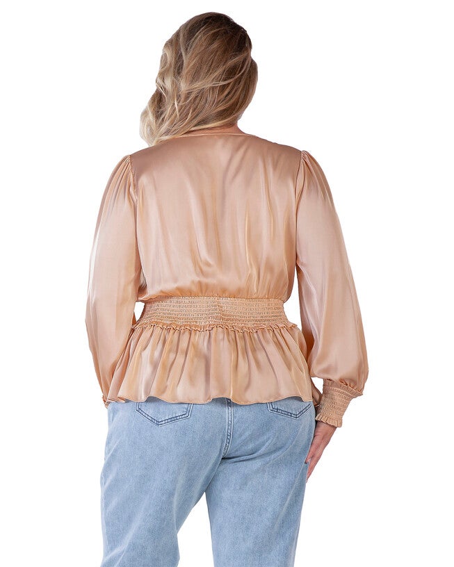 Stephanie Women's Satin V-Neck Long Sleeves Blouse, CHAMPAGNE / Beige, alternate image number 2