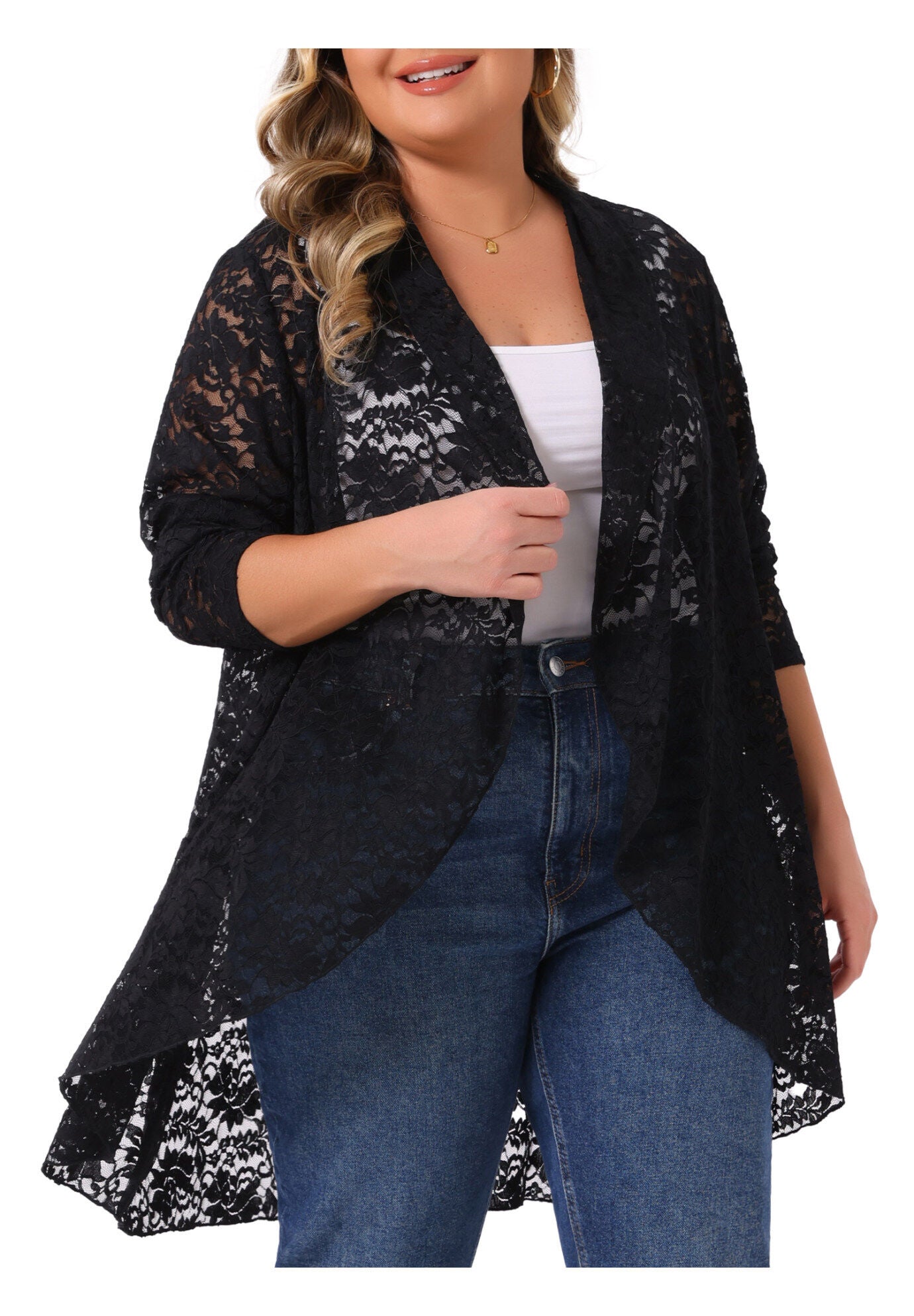 Long Sleeve Sheer Crochet Lace Cover Up, Black / Black, alternate image number 2