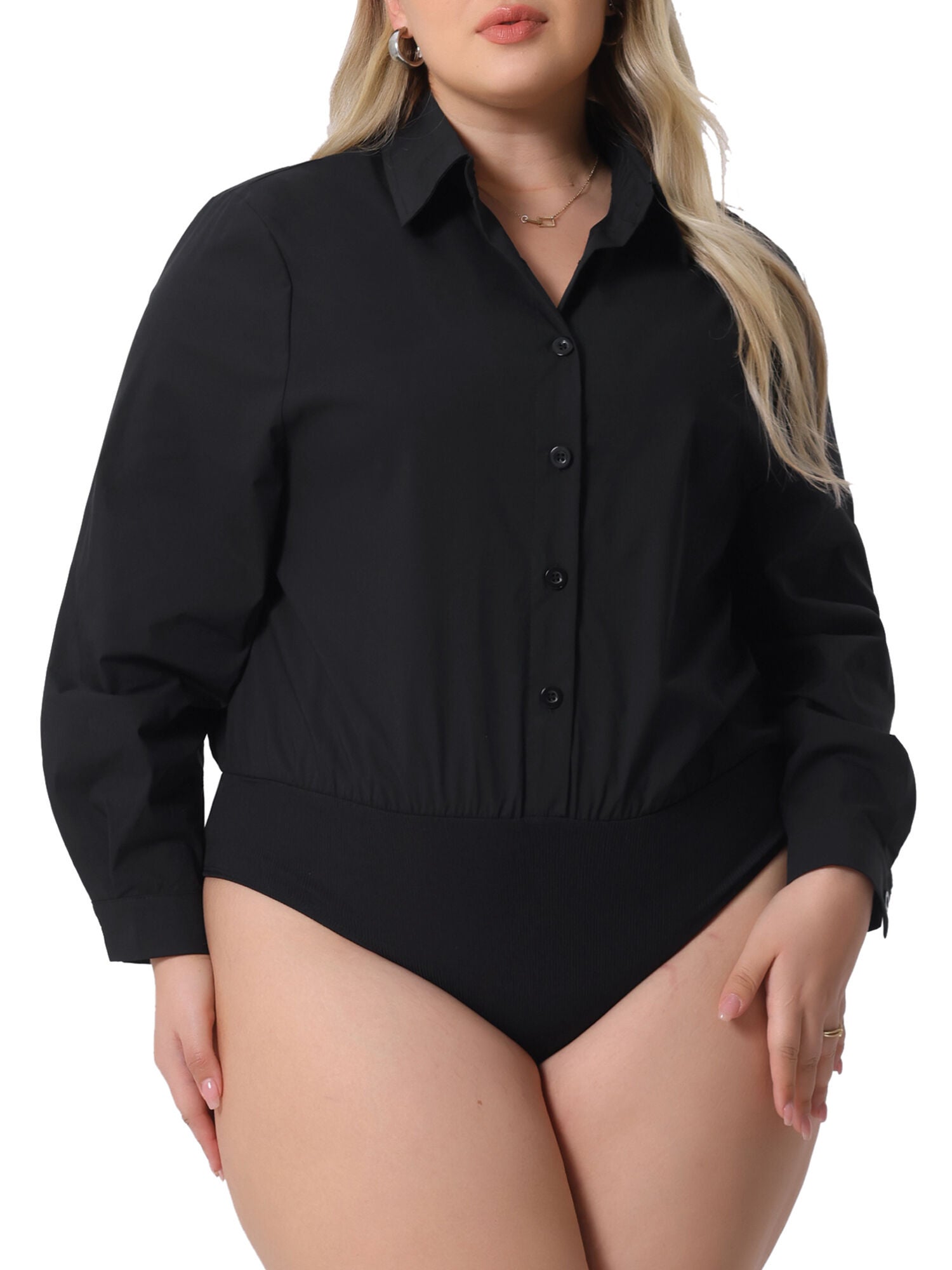 Button Down Long Sleeve Bodysuit Shit Top, Black / Black, hi-res image number 0