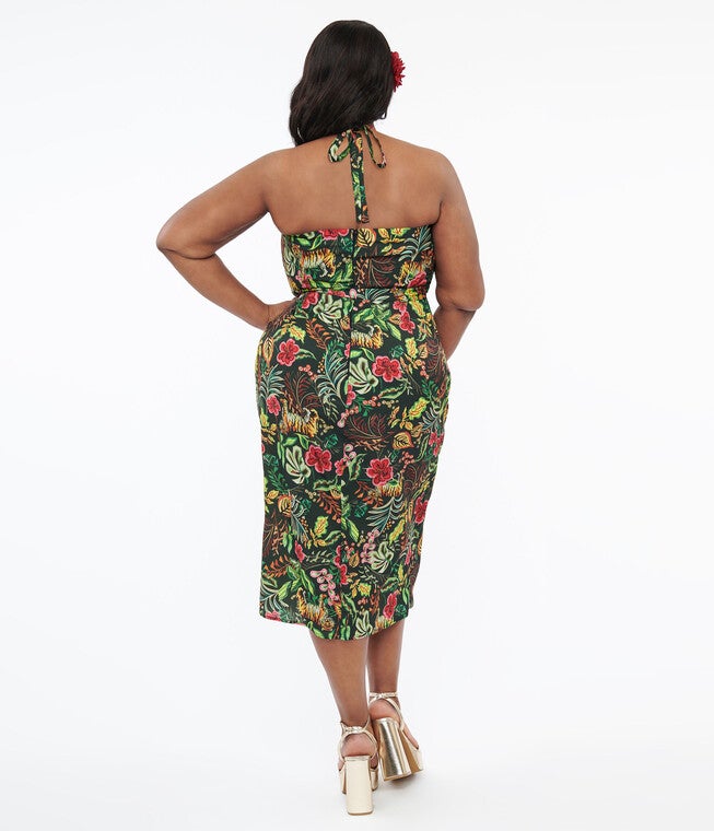Unique Vintage Green Jungle Cat Print Leilani Sarong Dress, Green with Orange Jungle Cat Print / Forest Green, alternate image number 3