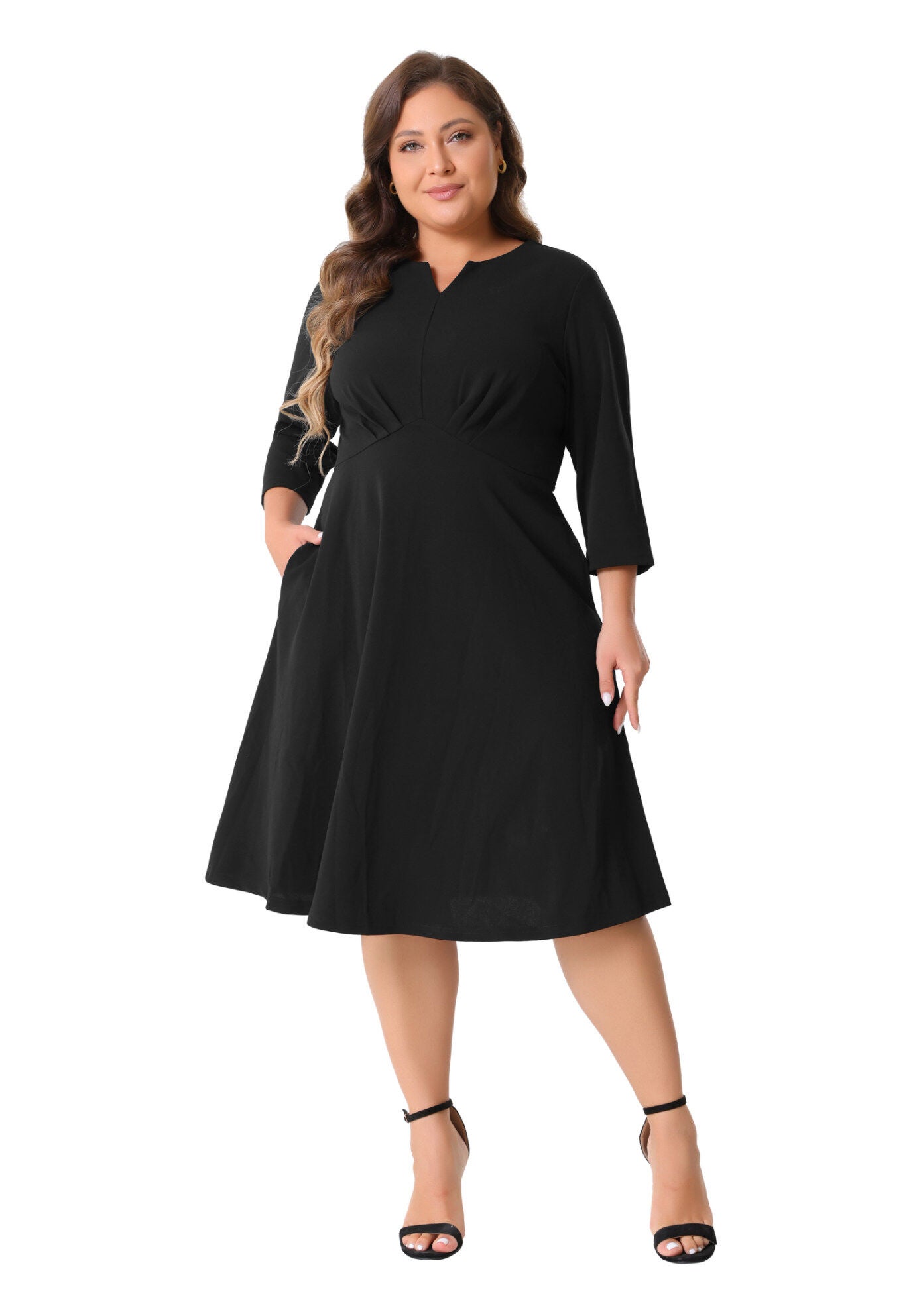 Notched V Neck 3/4 Sleeve A-Line Midi Dress, Black / Black, hi-res image number 0