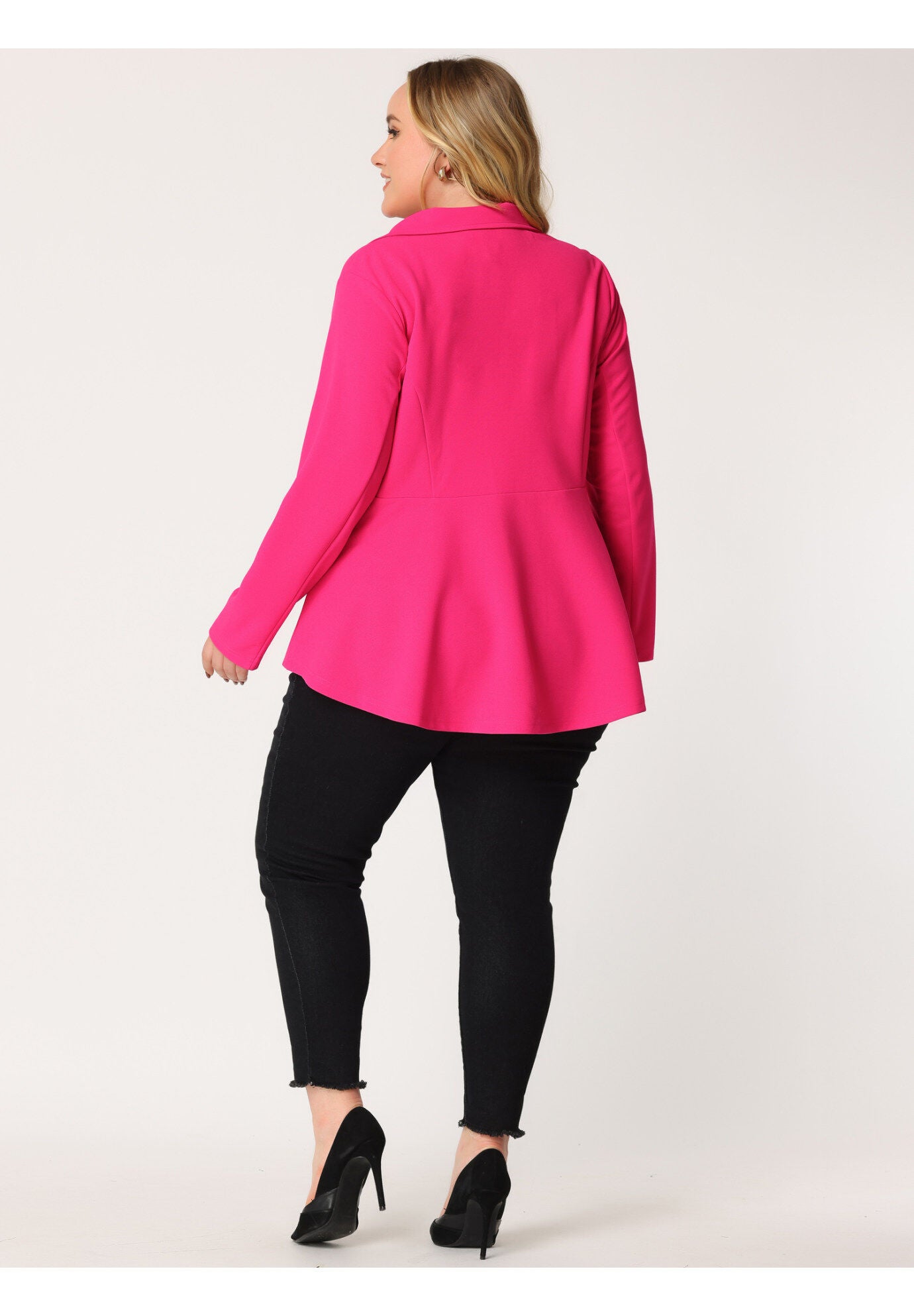 RUFFLE V NECK BUTTON NOTCH PANEL PEPLUM BLAZER, Hot Pink / Deep Fuchsia, alternate image number 3