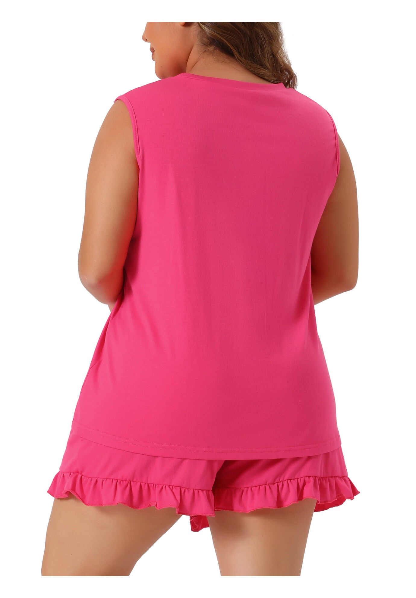 RUFFLE KNIT SLEEVELESS TANK TOP 2 PIECE PAJAMAS SET LOUNGEWEAR, Hot Pink / Pink, alternate image number 3