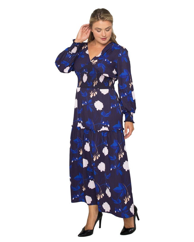 Plus Size Zina Smocked Waist Long Sleeve Maxi Dress, Midnight Blooms Print / Navy, hi-res image number 0