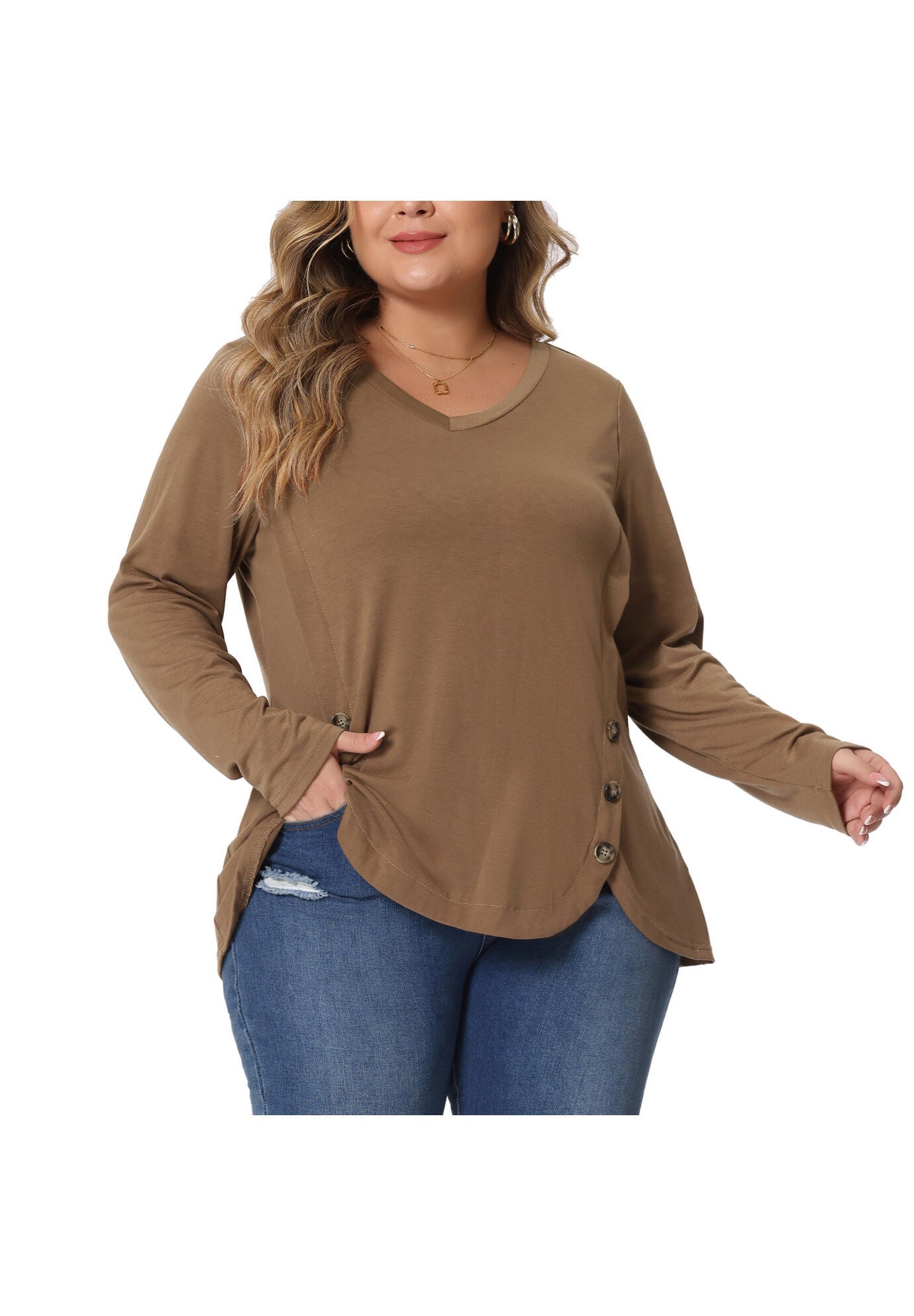 LONG SLEEVE TUNIC TOP V NECK LOOSE T SHIRT, Brown / Brown, alternate image number 2