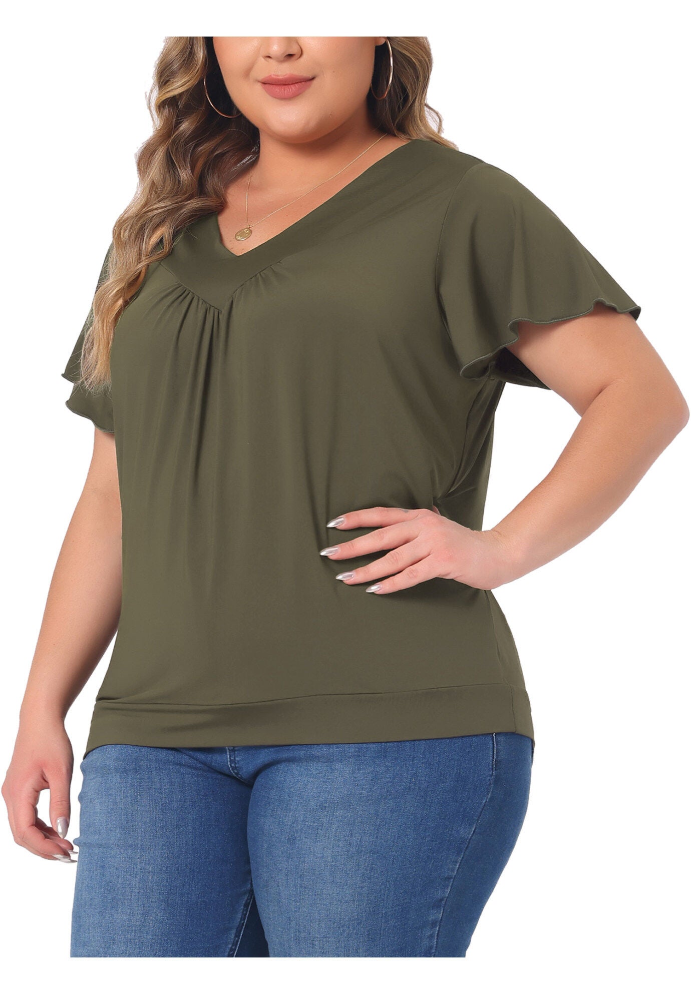 V Neck Ruffle Short Sleeve T-Shirt Top, Green / Olive Green, alternate image number 2