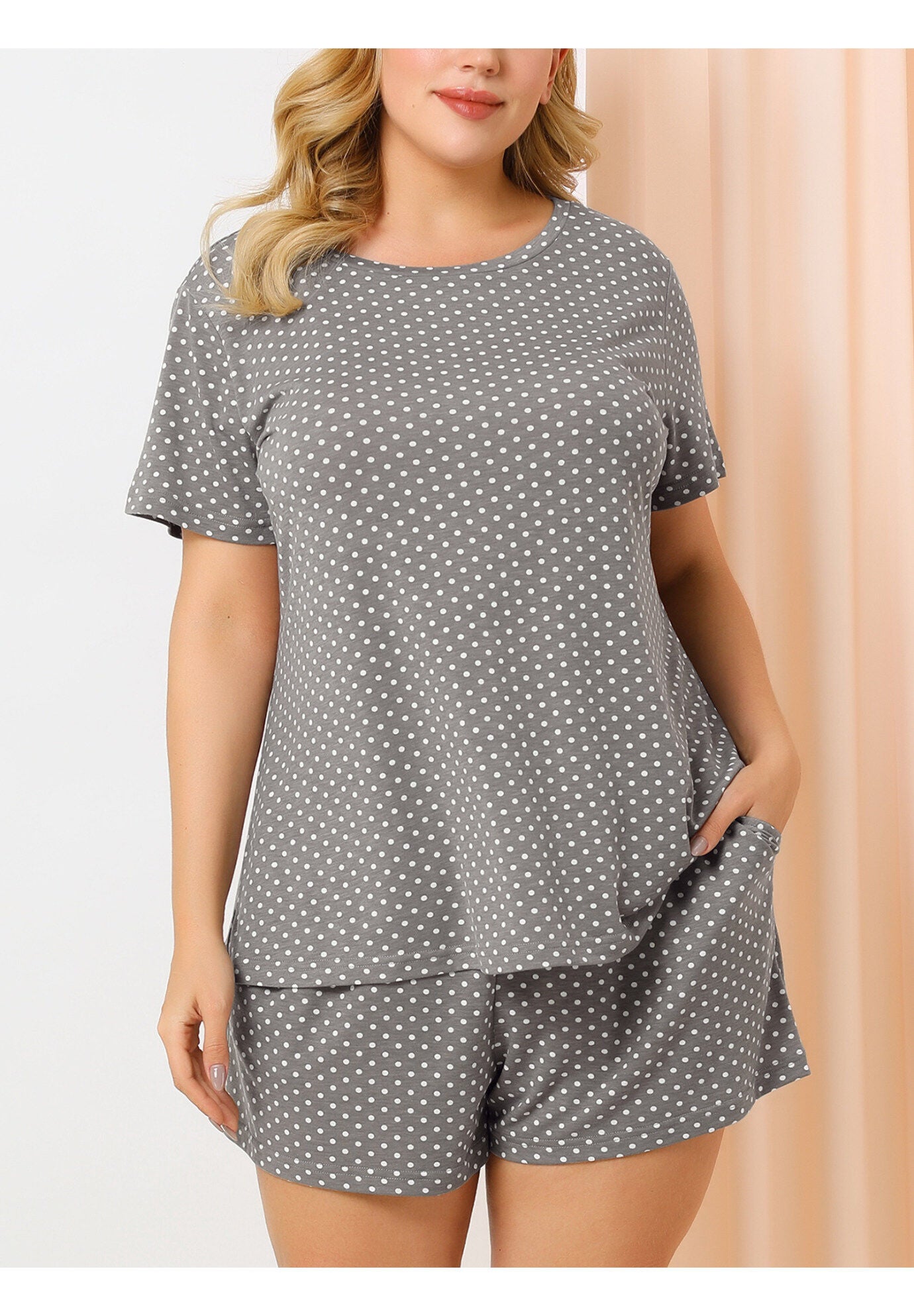 POLKA DOTS SLEEPWEAR PAJAMAS SET SHORT SLEEVE SHIRT AND SHORTS, Gray / Light Grey, alternate image number 1