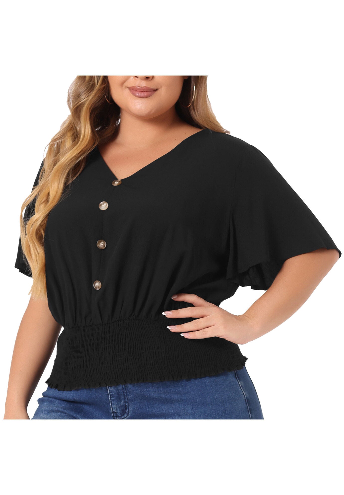 V Neck Button Up Short Sleeve Shirred Crop Shirt Blouse, Black / Black, alternate image number 1