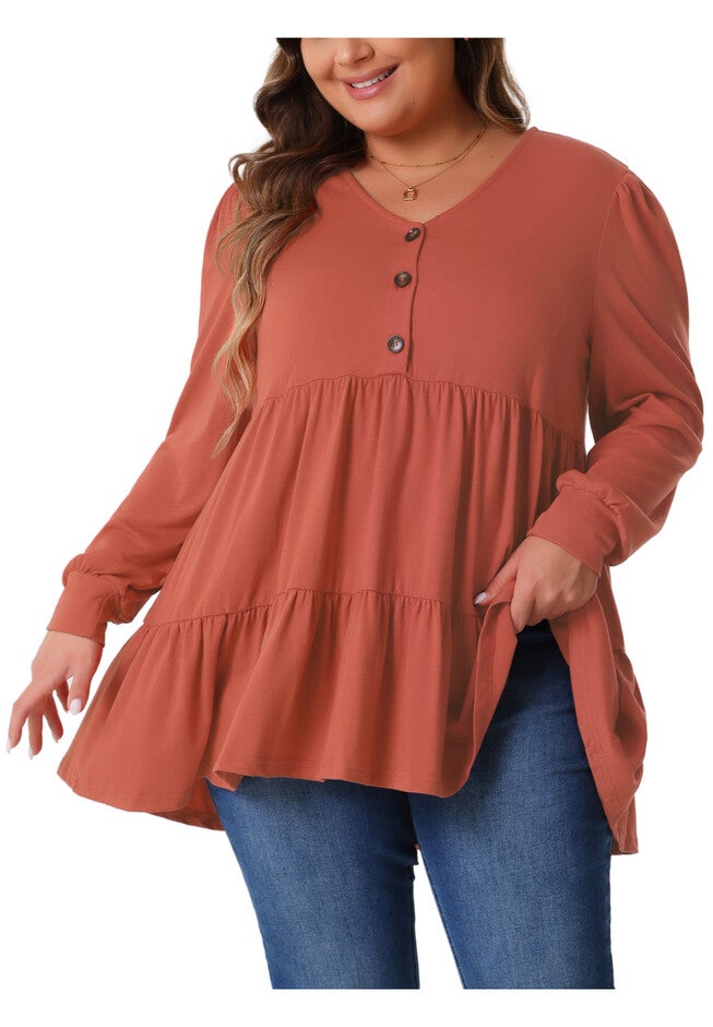 V Neck Long Sleeve Button Up Peplum Tunic Babydoll Top, Brick Red / Burnt Orange, alternate image number 4