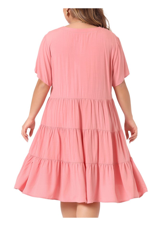 Button Down V Neck Knee Length Tiered Chambray Dress, Pink / Pink, alternate image number 3