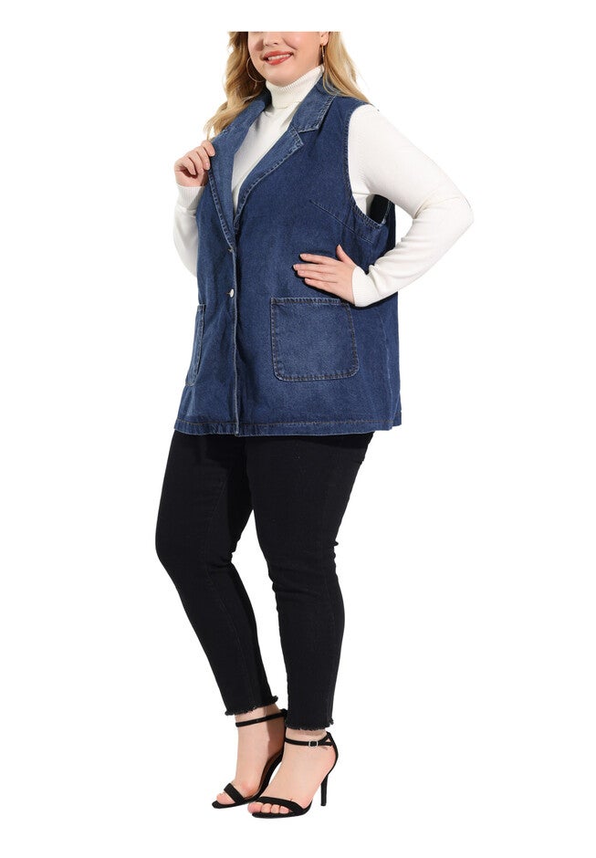 SLEEVELESS LAPEL LONG JEAN DENIM TUNIC VEST, Dark Blue / Navy, alternate image number 1