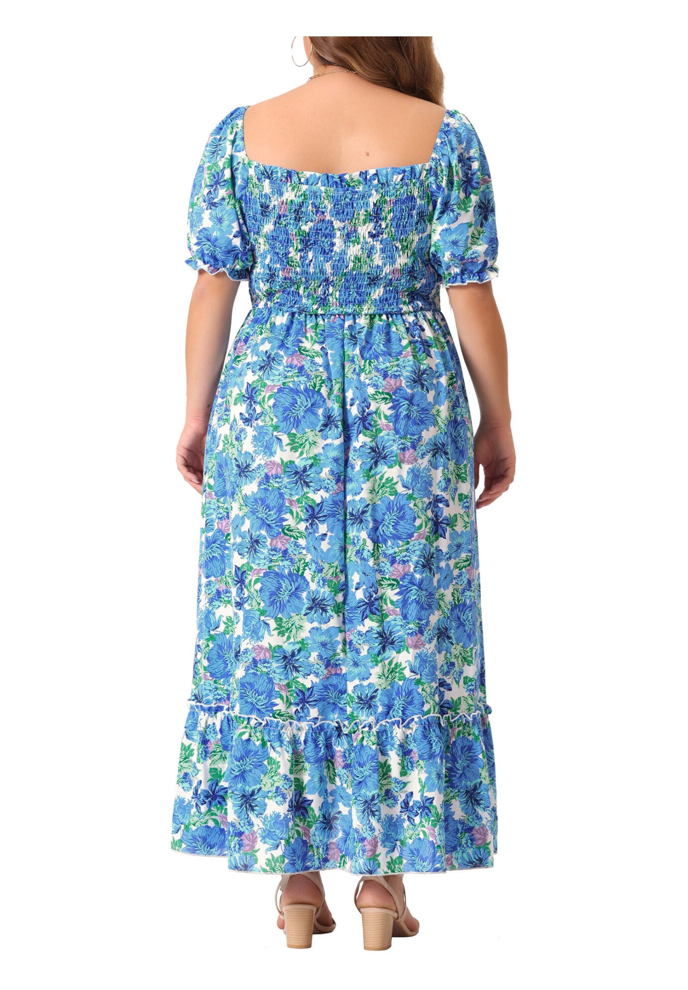 Short Sleeve Shirred Square Neck Floral Maxi Dress, Blue / Light Blue, alternate image number 4