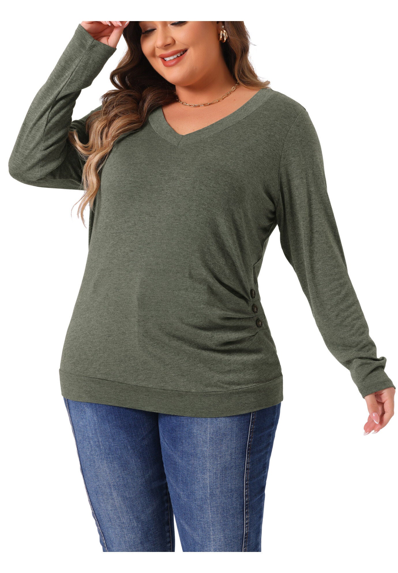 V Neck Long Sleeve Buttons Decor Ruched Casual Blouse Tunic Top, Green / Olive Green, alternate image number 2