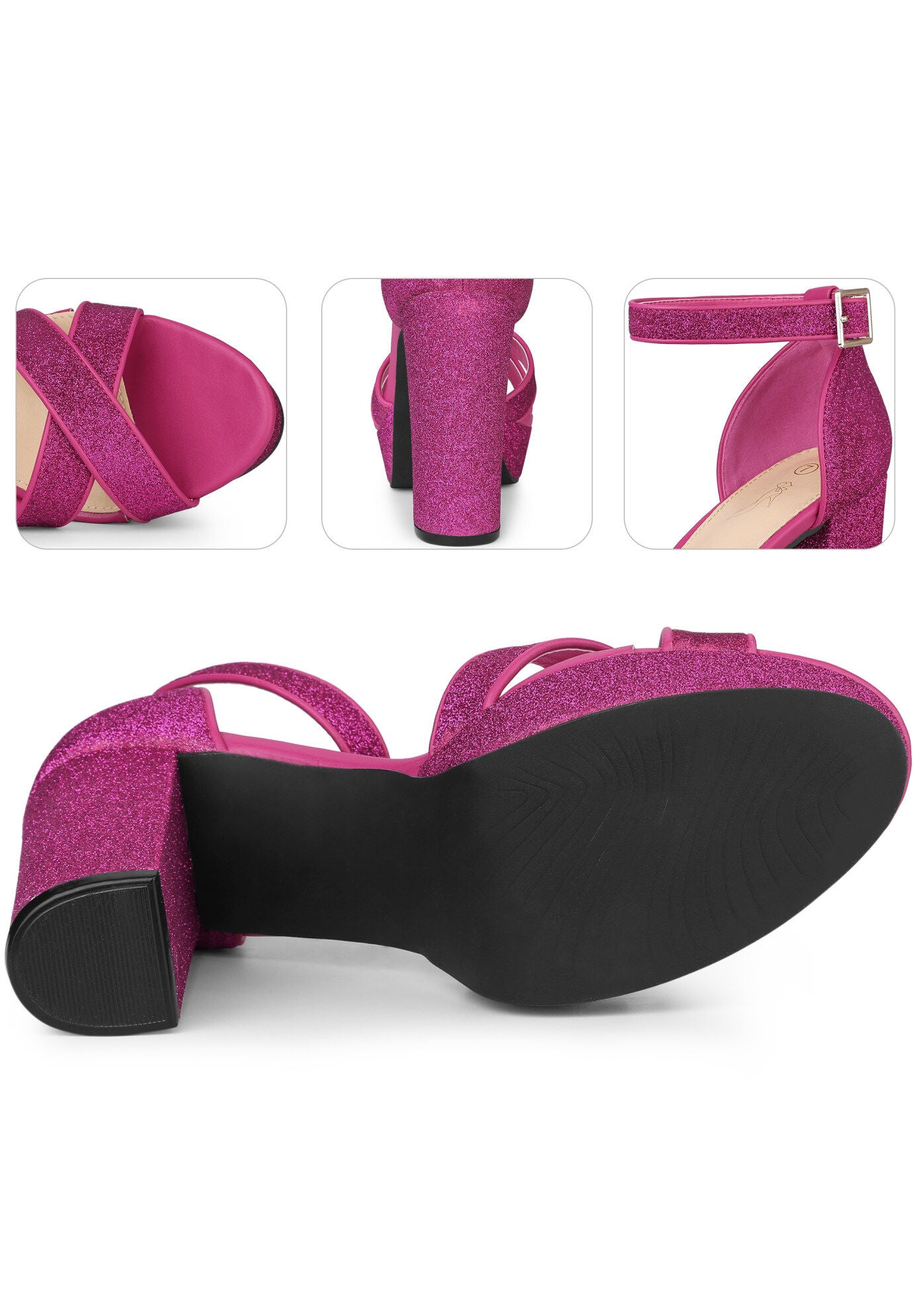Glitter Platform Crisscross Strap Chunky Heels Sandals, Hot Pink / Deep Fuchsia, alternate image number 1