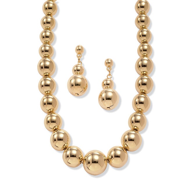 2 Piece Graduated Beaded Necklace and Drop Earrings Set in Yellow Goldtone 18 inches, Yellow / Yellow, hi-res image number 0