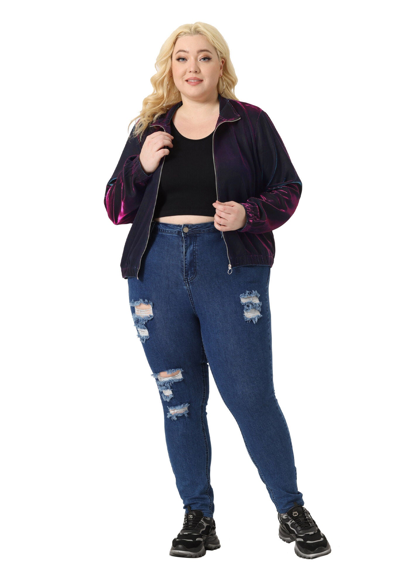 HOLOGRAPHIC MESH LONG SLEEVE ZIP UP JACKET, Blue Purple / Purple, hi-res image number 0