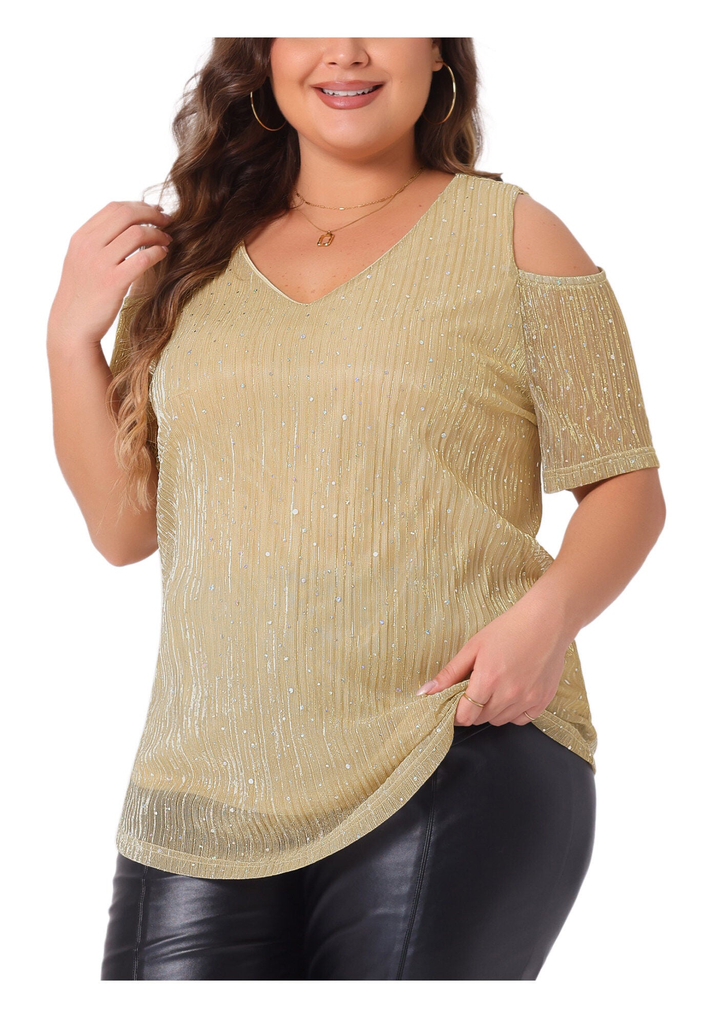 GLITTER SEQUIN COLD SHOULDER SHORT SLEEVE TOP, Yellow / Yellow, alternate image number 2