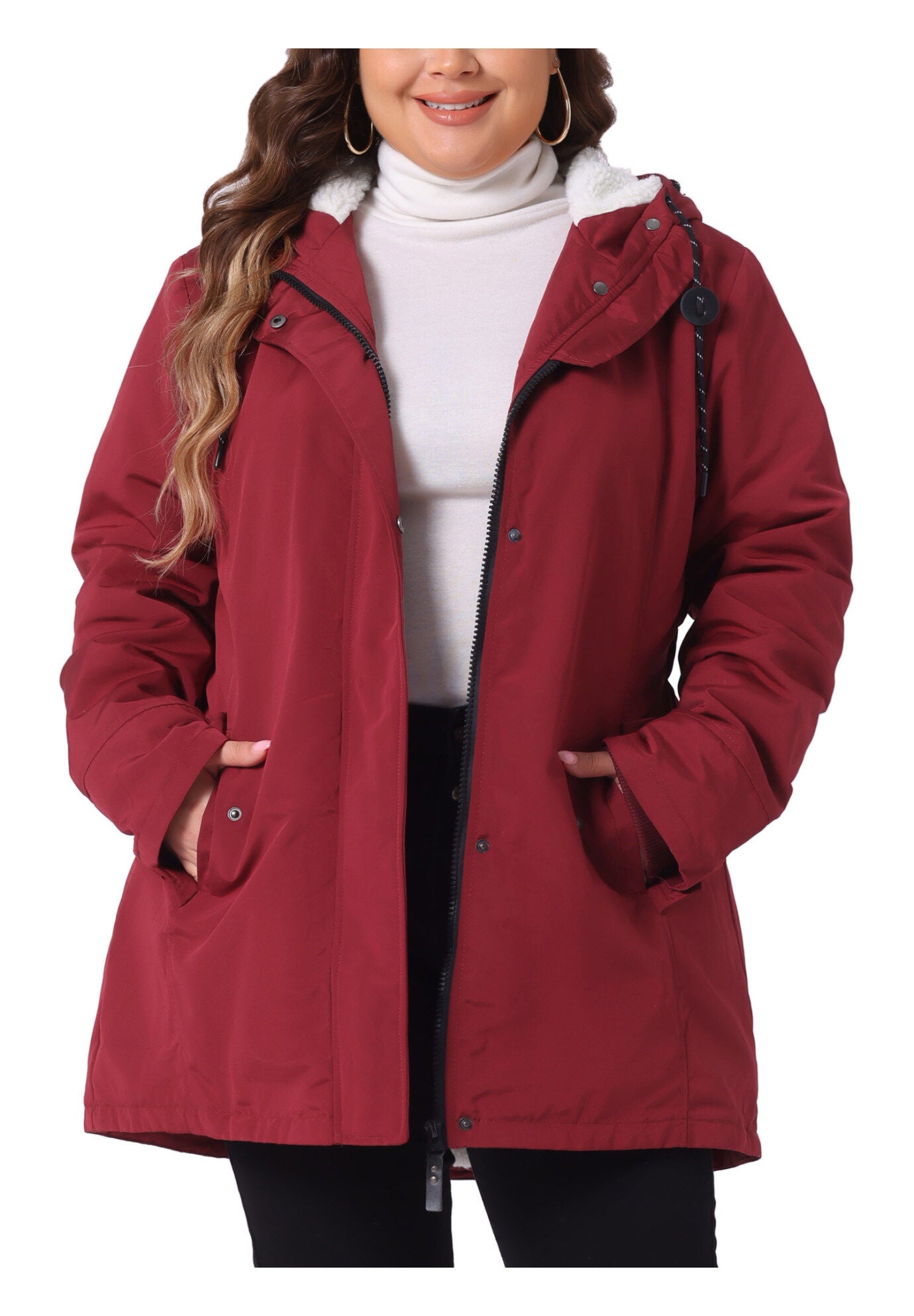 Faux Lamb Fur Leather Button Down Hoodie Parka Coat, Burgundy / Red, alternate image number 2