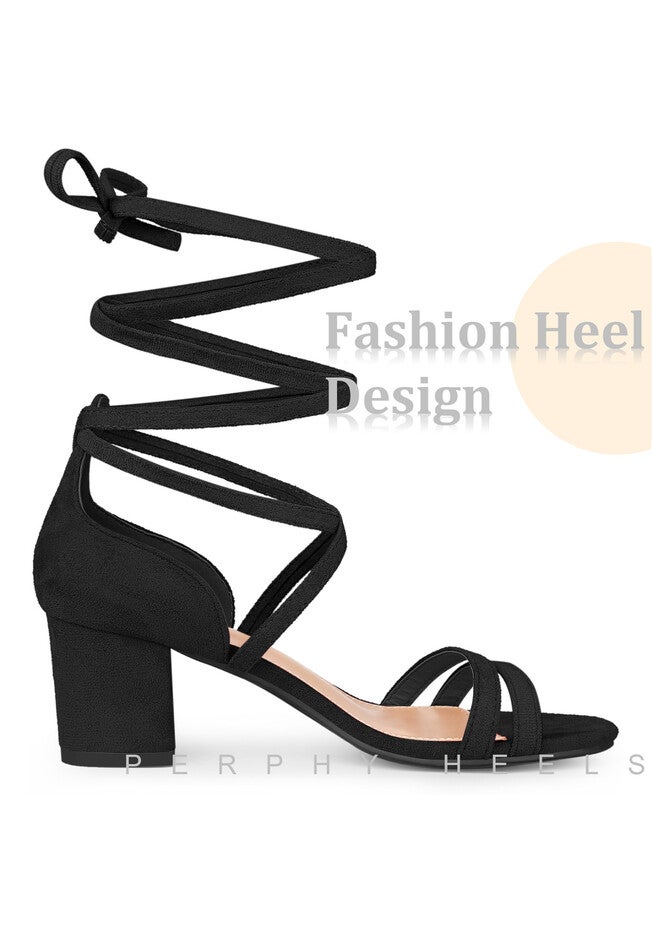 Open Toe Color Block Heel Tie Up Sandals, Black / Black, hi-res image number null