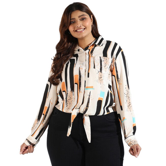 Abstract Printed Shirt Style Top, Cream / Cream, hi-res image number 0