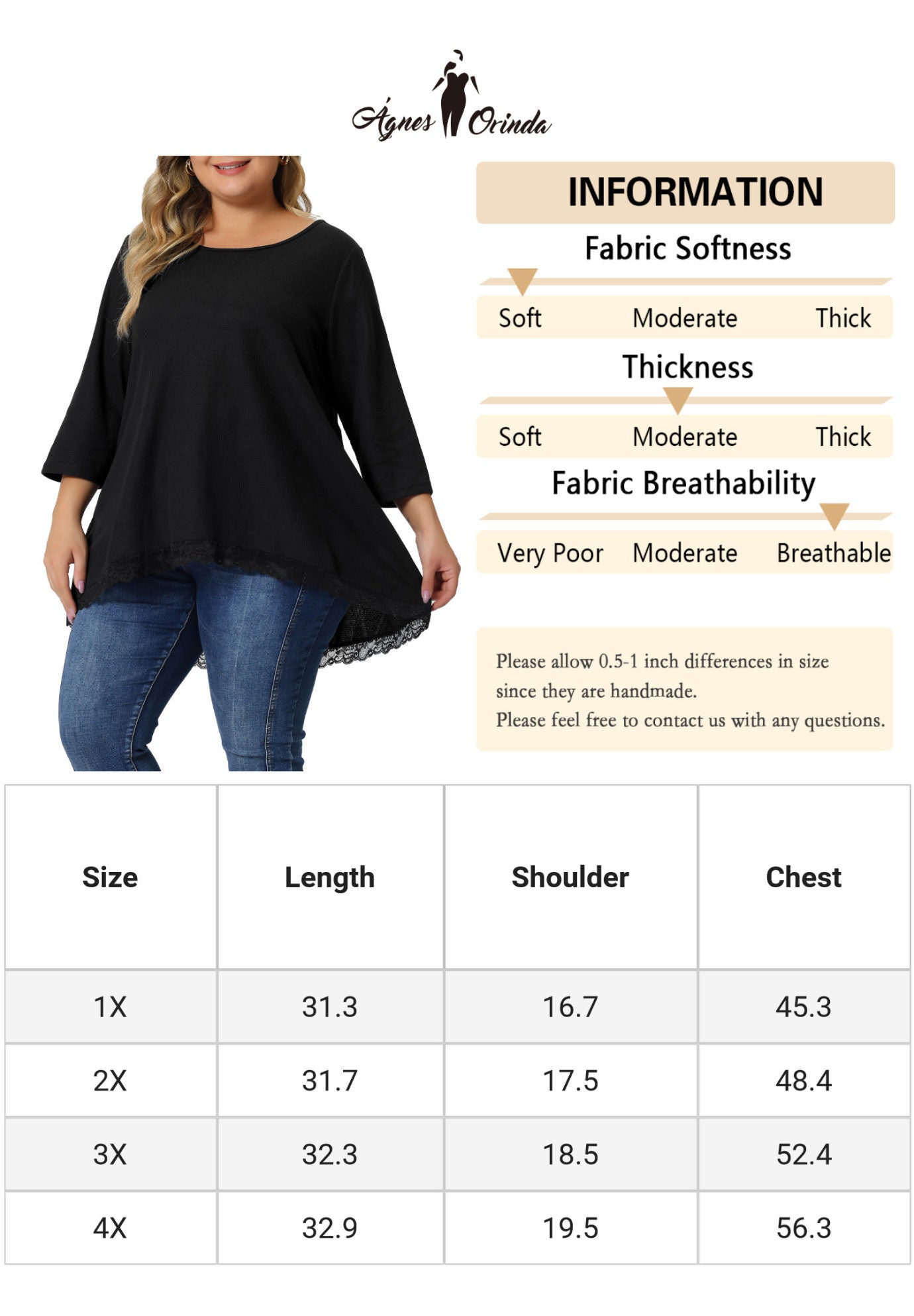 Waffle 3/4 Sleeve Lace Panel Loose High Low Hem Blouse Top, Black / Black, alternate image number 4