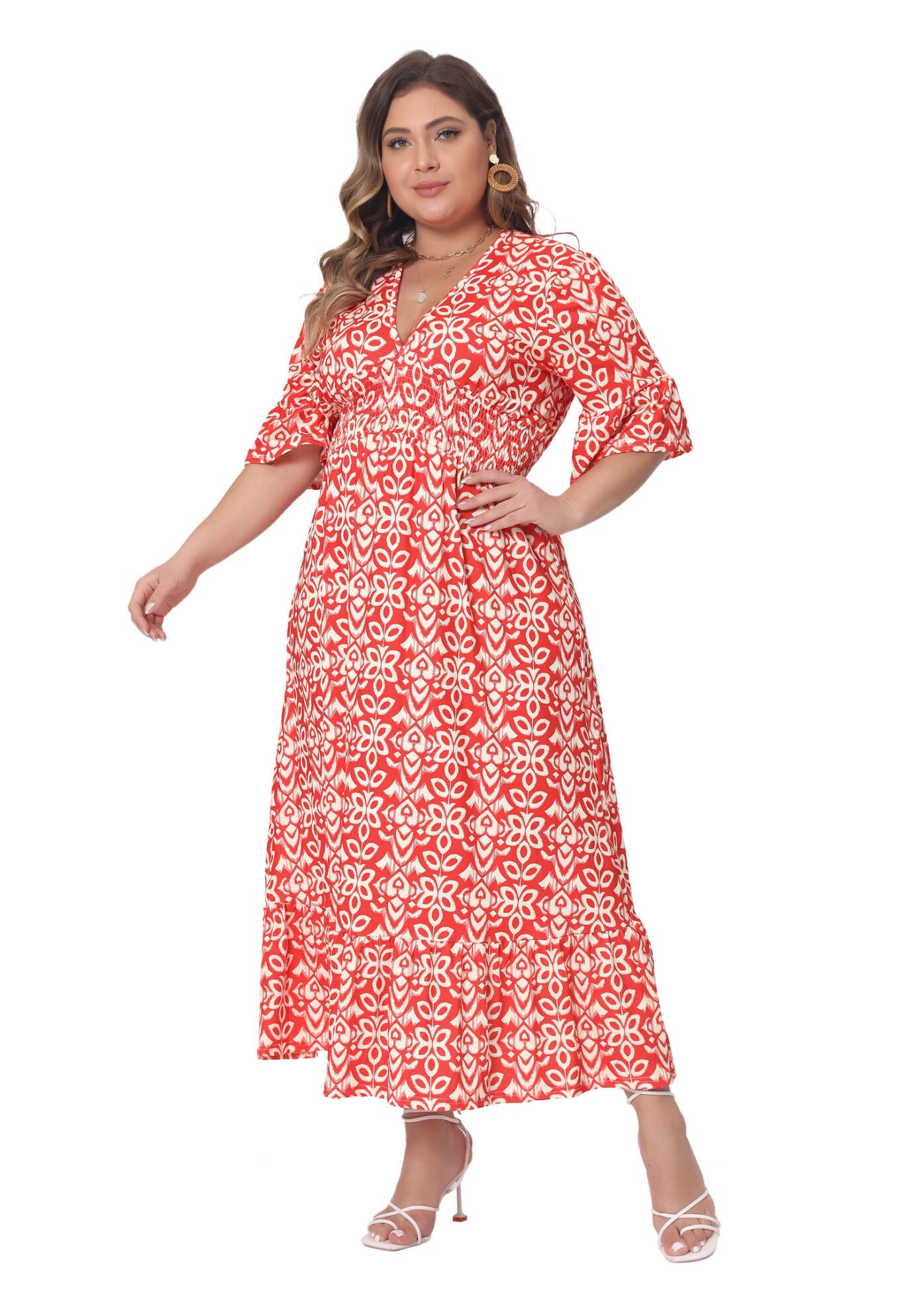 Bell Sleeve Ruffled Hem V Neck Short Sleeve Boho A Line Long Dress, Red / Red, hi-res image number 0