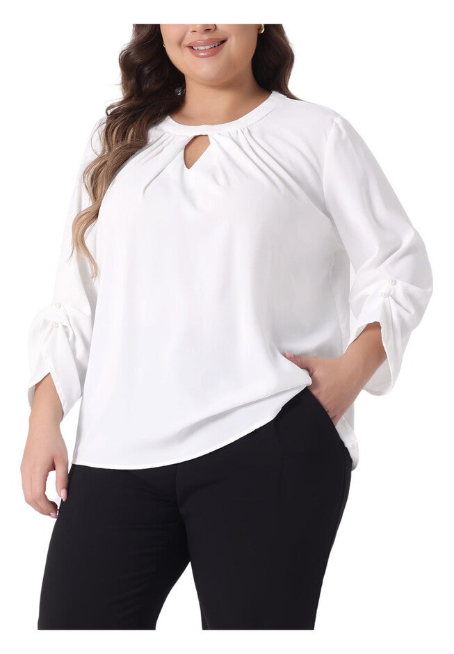 Crewneck Keyhole 3/4 Sleeve Pleated Blouse Shirt, White / White, alternate image number 1
