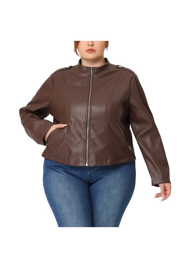 FAUX LEATHER MOTO BIKER ZIP UP JACKET, Brown / Brown, alternate image number 1