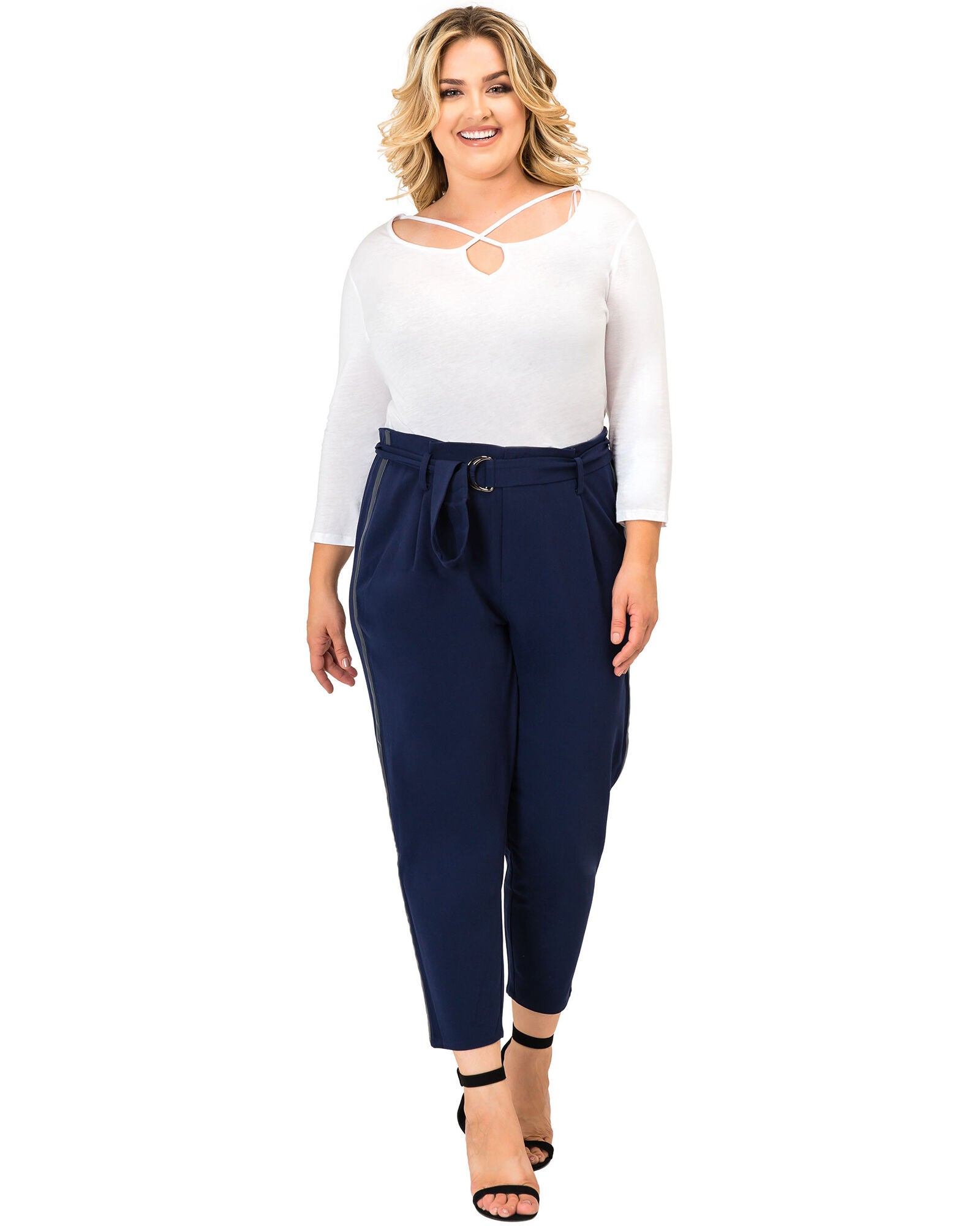 Plus Size Marina Paper Bag Waist Suiting Pants - Vegan Leather Athletic Stripe, Midnight Blue / Navy, alternate image number 1