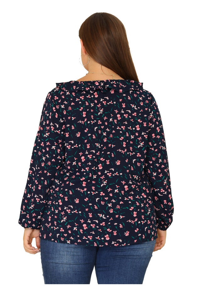 Long Sleeve Floral Top Ruffle V Neck Casual Blouse, Navy Blue / Navy, alternate image number 3