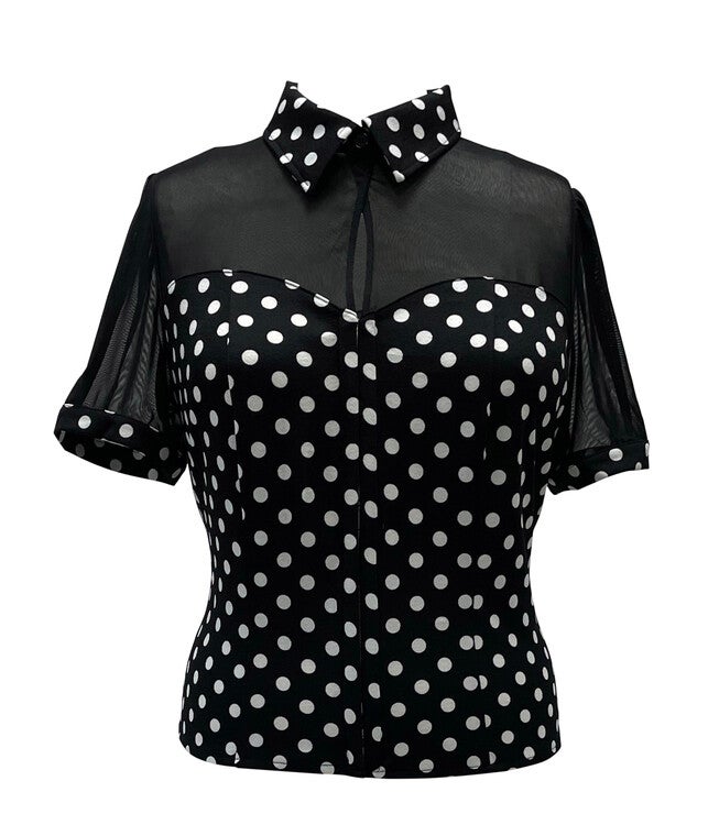 Unique Vintage Black & White Polka Dot Mesh Sweetheart Top, Black / Black, hi-res image number null