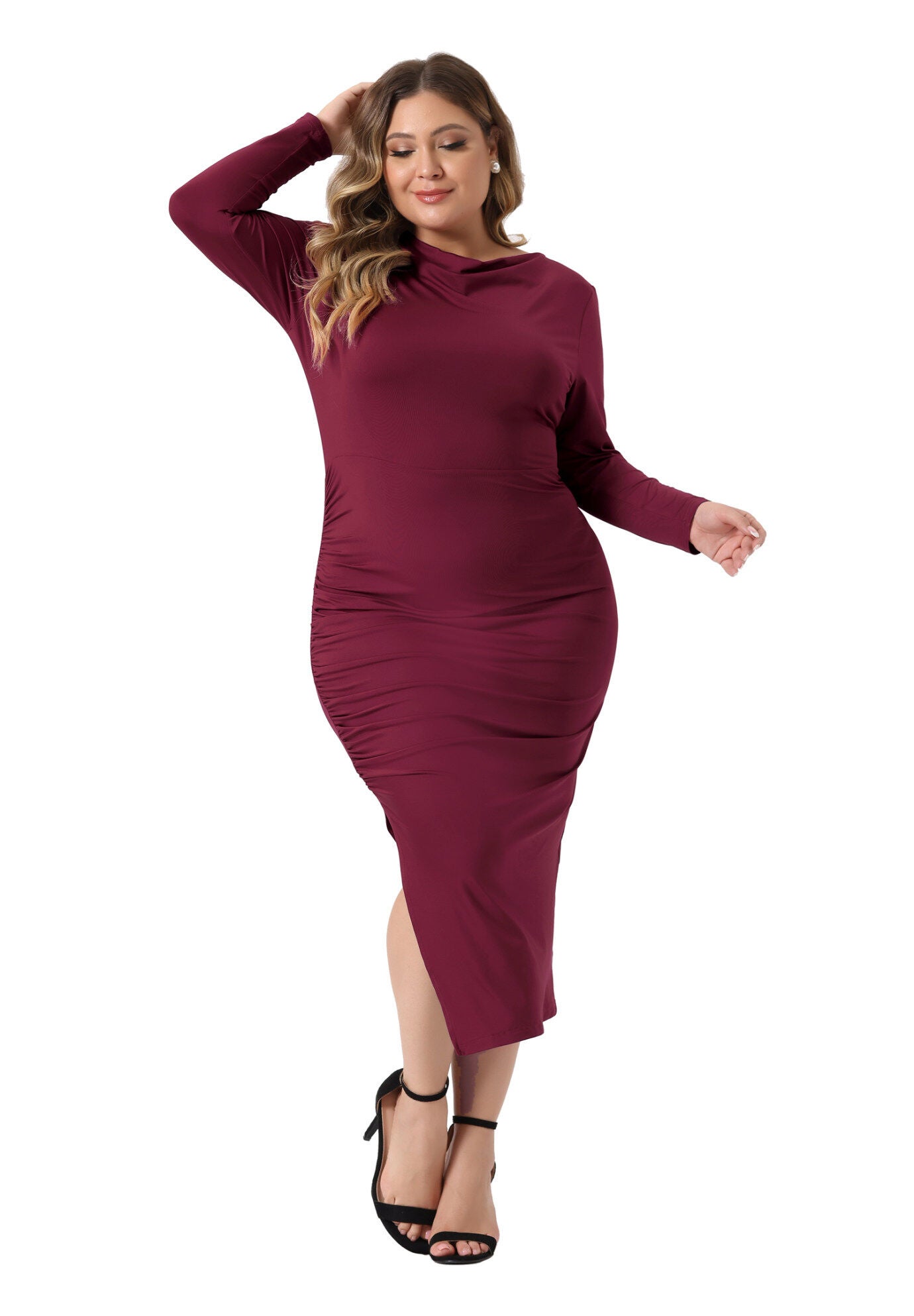 Long Sleeve Crew Neck Side Slit Ruched Bodycon Dress, Burgundy / Burgundy, alternate image number 1