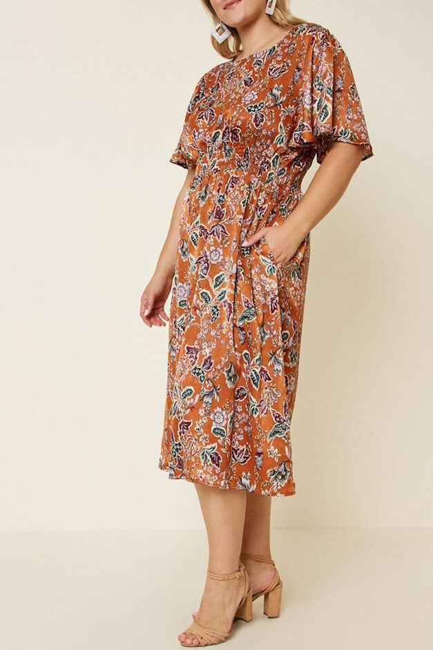 Woodstock Floral Satin Smock-Waist Midi Dress, , alternate image number 4