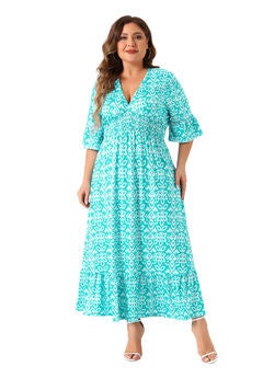 Bell Sleeve Ruffled Hem V Neck Short Sleeve Boho A Line Long Dress