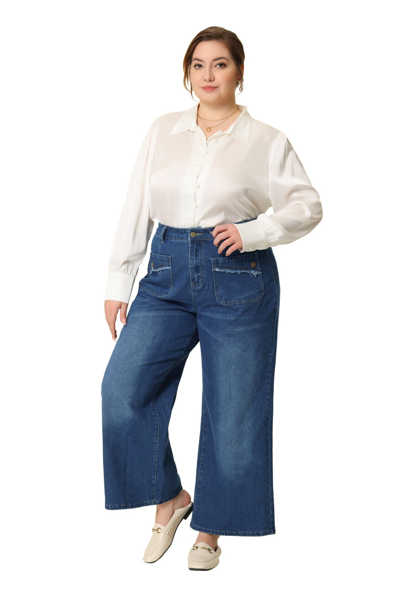 WIDE LEG WASHED STRETCHY PALAZZO PANTS DENIM JEANS, Medium Blue / Royal Blue, hi-res image number 0