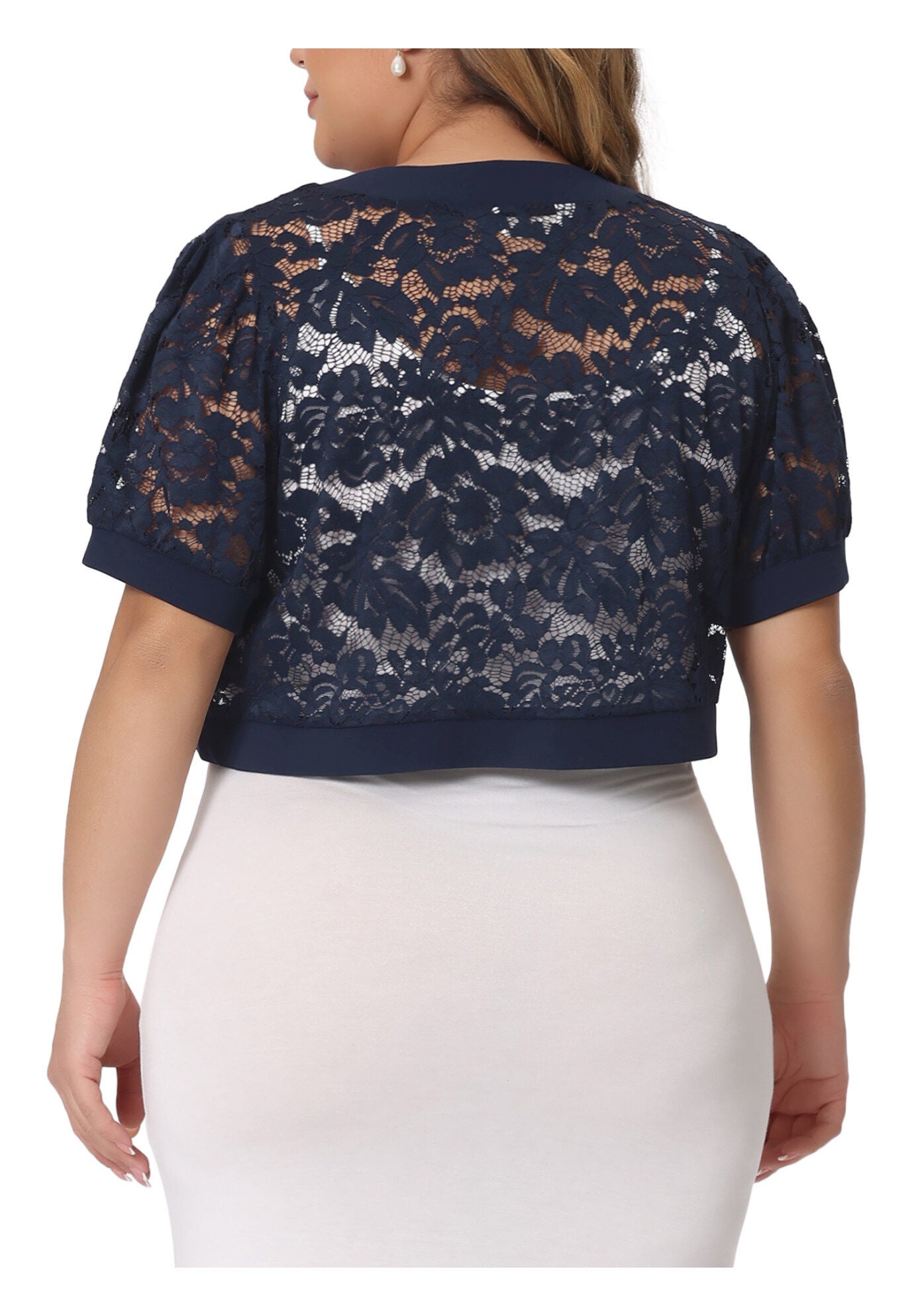 CROPPED CARDIGAN FLORAL LACE SHEER BOLERO SHRUG, Navy Blue / Navy, alternate image number 3