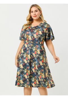 Short Sleeve Fit Flare Midi Sundress Floral Dress