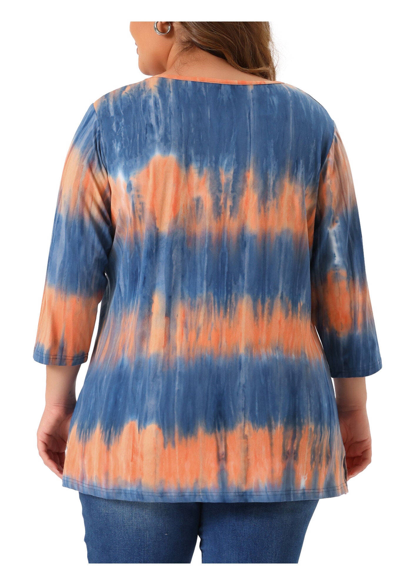 V Neck 3/4 Sleeve Loose Casual Striped Tie Dye Print T-Shirt Top, Blue Orange / Coral, alternate image number 3