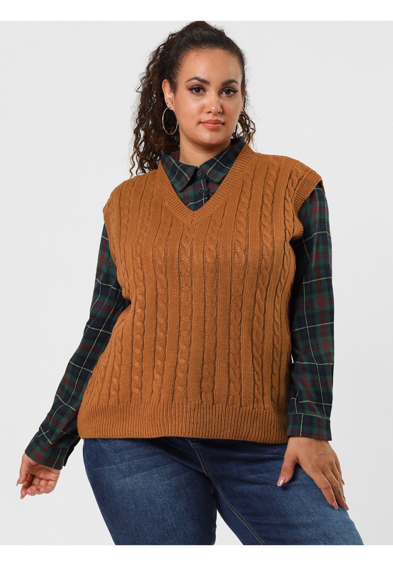V Neck Cable Knit Sweater Sleeveless Pullover Sweater Vest, Brown / Brown, alternate image number 3