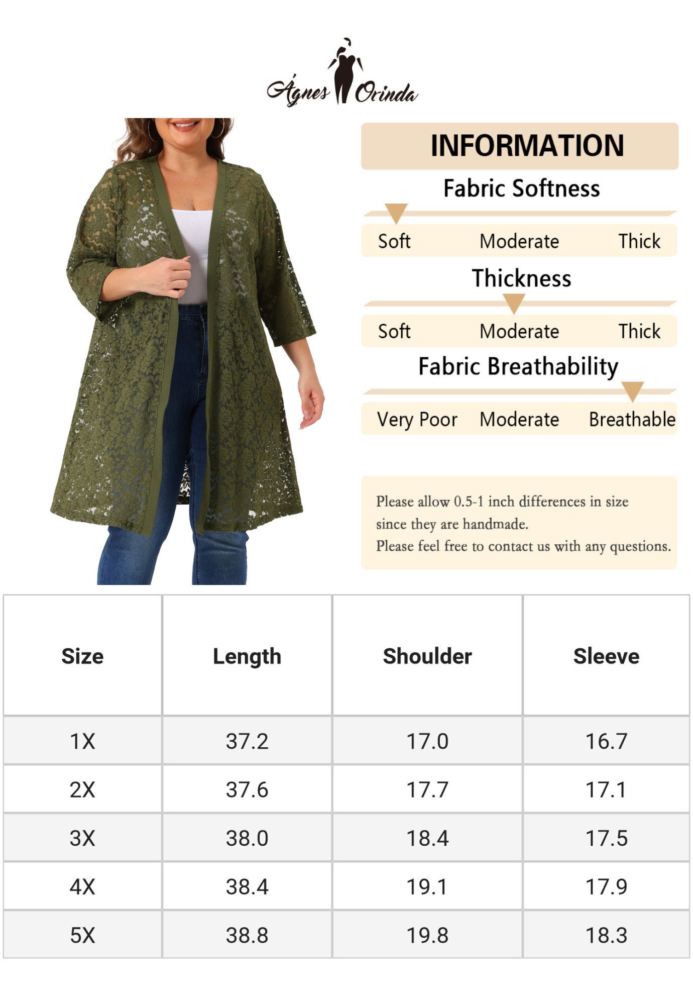 LACE CROCHET 3/4 SLEEVE COVER UP CARDIGAN, Army Green / Hunter Green, alternate image number 1
