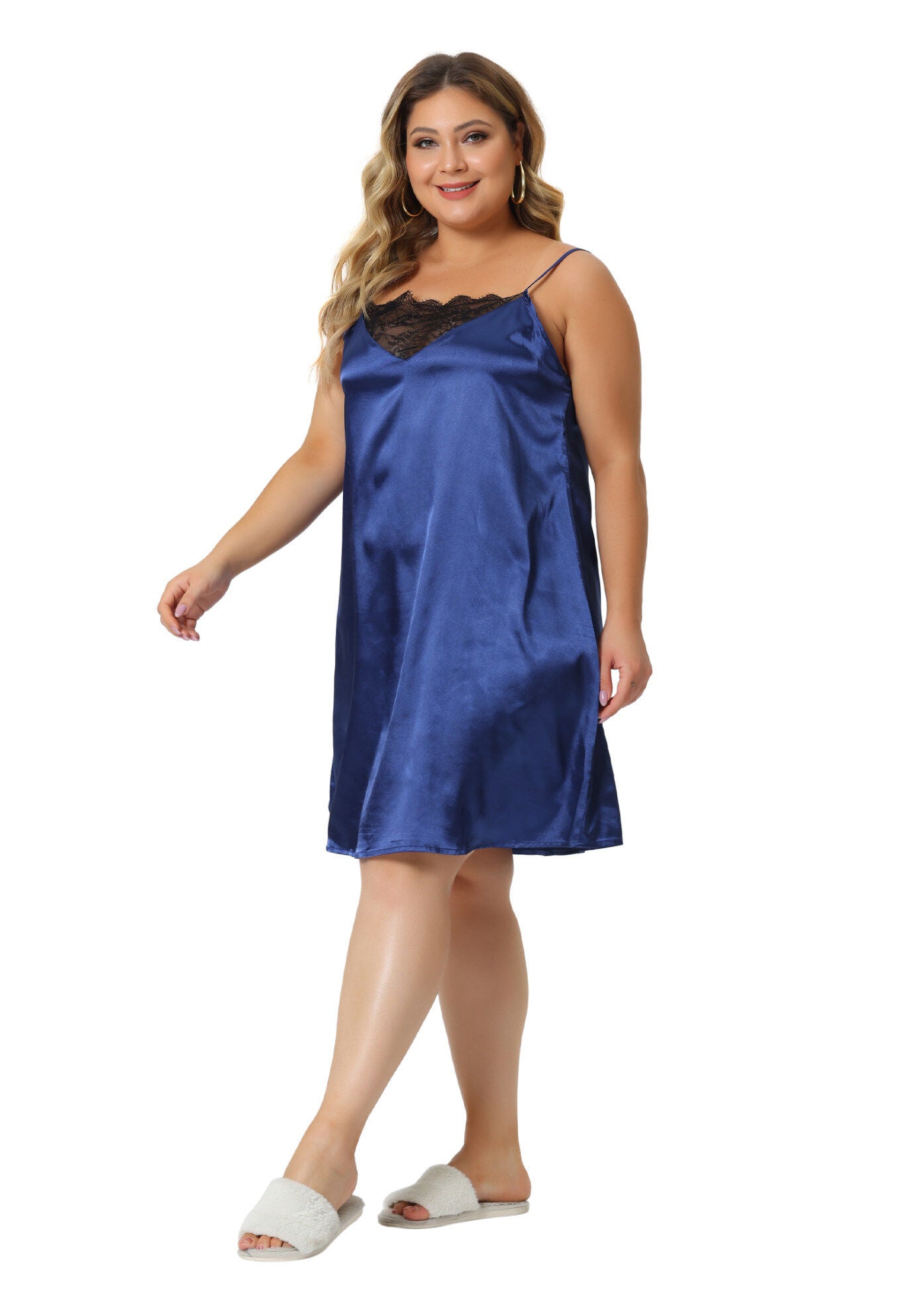 Satin Lace Chemise Nightgown, Royal Blue / Royal Blue, hi-res image number 0