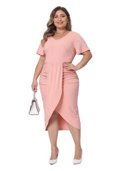 Elegant Short Sleeve Wrap V Neck Ruched Slit Bodycon Cocktail Dress